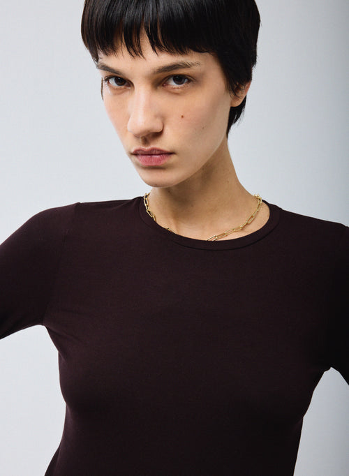 T-shirt Aubergine Col Rond Manches Longues en Viscose / Elasthanne - MAJESTIC FILATURES