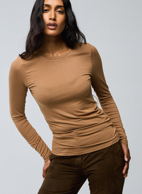 T-shirt Beige Col Rond Manches Longues en Viscose / Elasthanne - MAJESTIC FILATURES