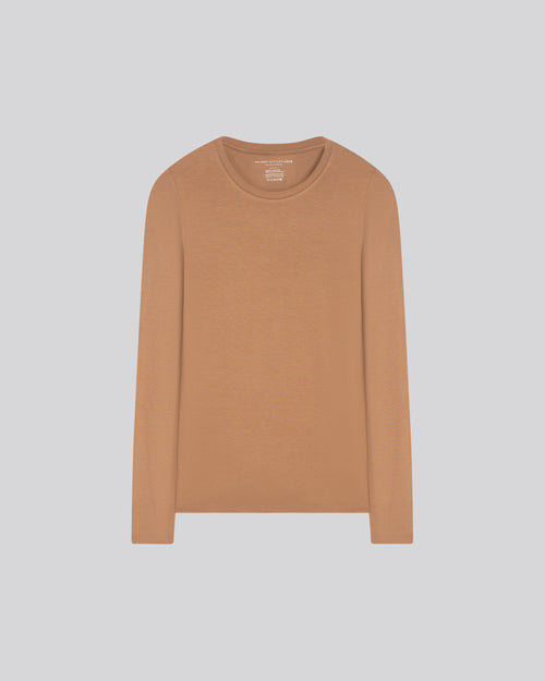 Beige Round Neck Long Sleeves T-shirt in Viscose / Elastane - MAJESTIC FILATURES
