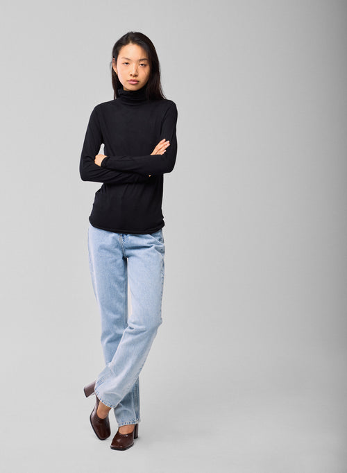 Black T shirt Turtleneck Long Sleeves Viscose Elastane - MAJESTIC FILATURES