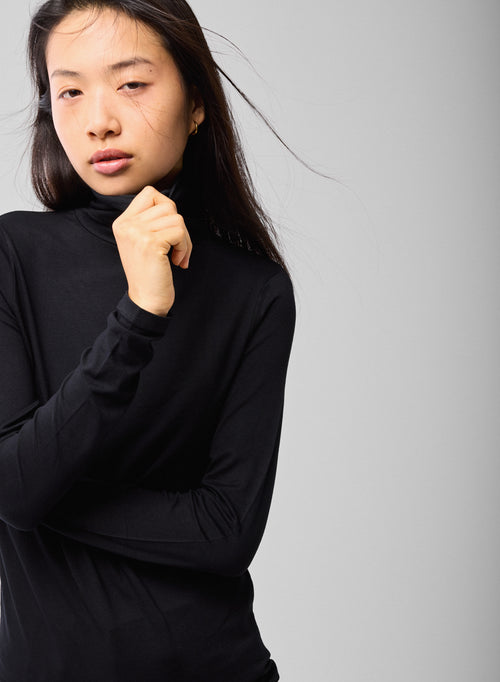 Black T shirt Turtleneck Long Sleeves Viscose Elastane - MAJESTIC FILATURES