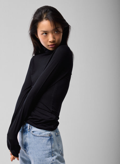 Black T shirt Turtleneck Long Sleeves Viscose Elastane - MAJESTIC FILATURES