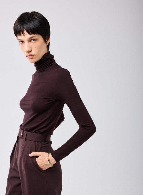 T-shirt Aubergine Col Roulé Manches Longues en Viscose / Elasthanne - MAJESTIC FILATURES