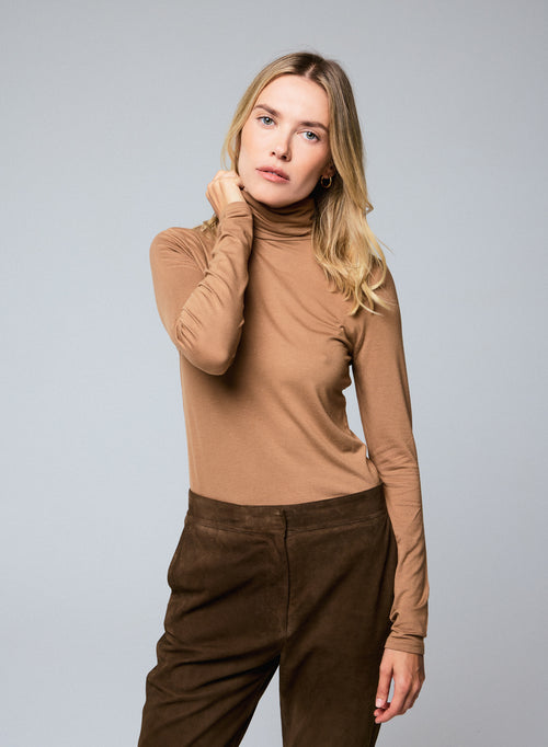 Beige Long Sleeve Turtleneck T-Shirt in Viscose / Elastane - MAJESTIC FILATURES