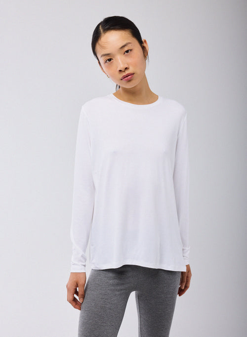 T-shirt Blanc Col Rond Manches Longues en Viscose / Elasthanne - MAJESTIC FILATURES