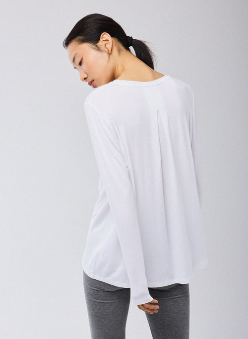 T-shirt Blanc Col Rond Manches Longues en Viscose / Elasthanne - MAJESTIC FILATURES