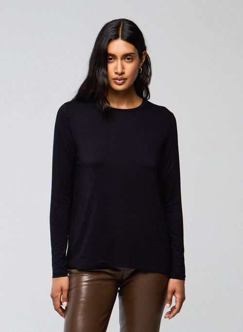 T-shirt Noir Col Rond Manches Longues en Viscose / Elasthanne - MAJESTIC FILATURES