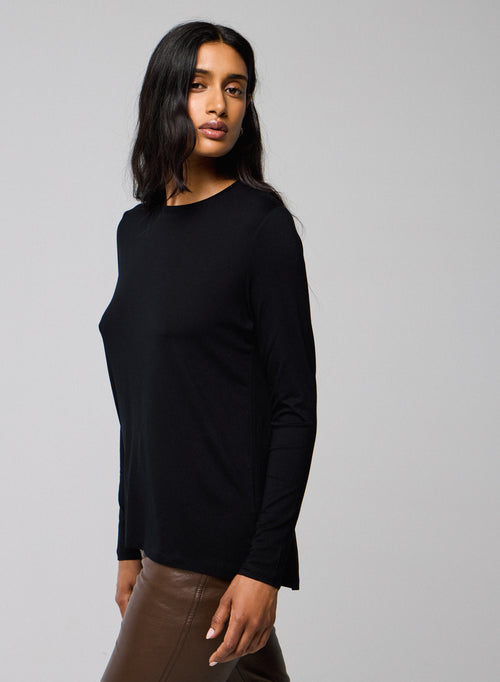 T-shirt Noir Col Rond Manches Longues en Viscose / Elasthanne - MAJESTIC FILATURES