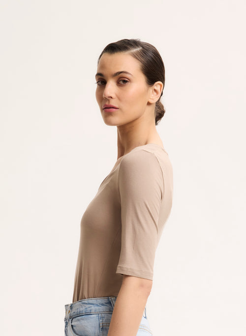 Beige U-neck tee shirt in Viscose and Elastane - MAJESTIC FILATURES