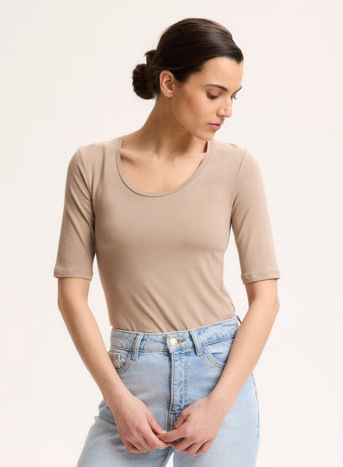 Beige U-neck tee shirt in Viscose and Elastane - MAJESTIC FILATURES