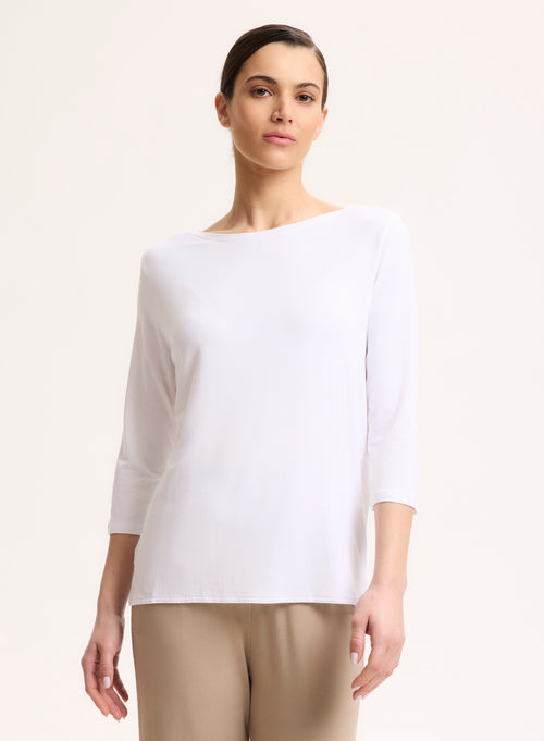 Weißes T-Shirt mit U-Boot-Ausschnitt Dreiviertelärmel aus Viskose / Elasthan - MAJESTIC FILATURES