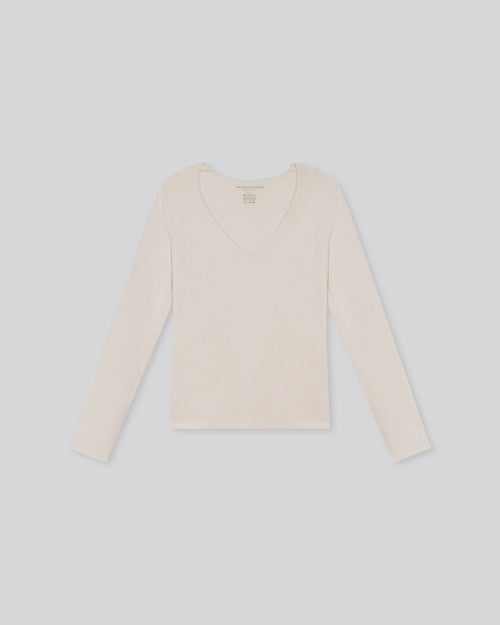 Weiß T Shirt V Ausschnitt Lange Ärmel Viskose Elasthan - MAJESTIC FILATURES