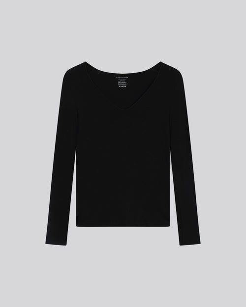 Negra Camiseta Cuello V Mangas Largas Viscosa Elastano - MAJESTIC FILATURES