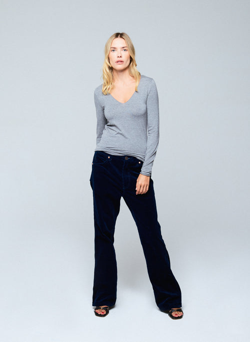 T-shirt Gris Col V Manches Longues en Viscose / Elasthanne - MAJESTIC FILATURES