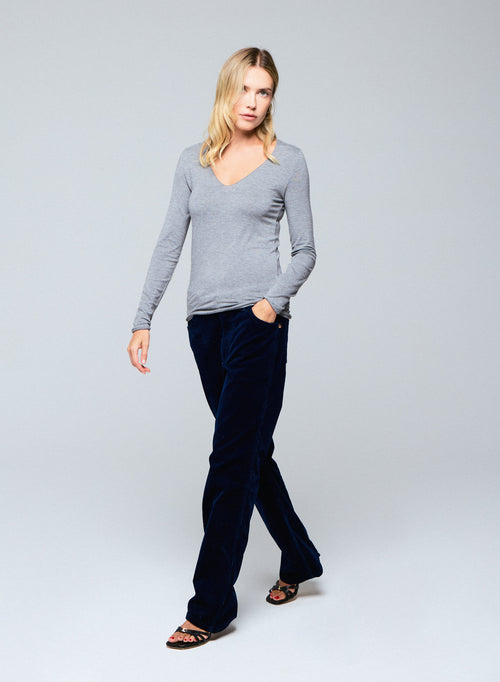 T-shirt Gris Col V Manches Longues en Viscose / Elasthanne - MAJESTIC FILATURES