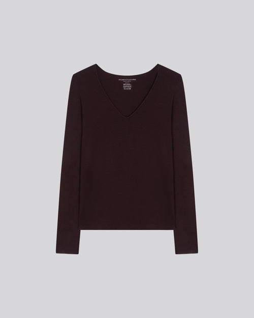 Aubergine V-Neck Long Sleeve Viscose / Elastane T-shirt - MAJESTIC FILATURES