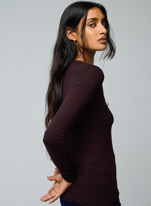 Aubergine V-Neck Long Sleeve Viscose / Elastane T-shirt - MAJESTIC FILATURES