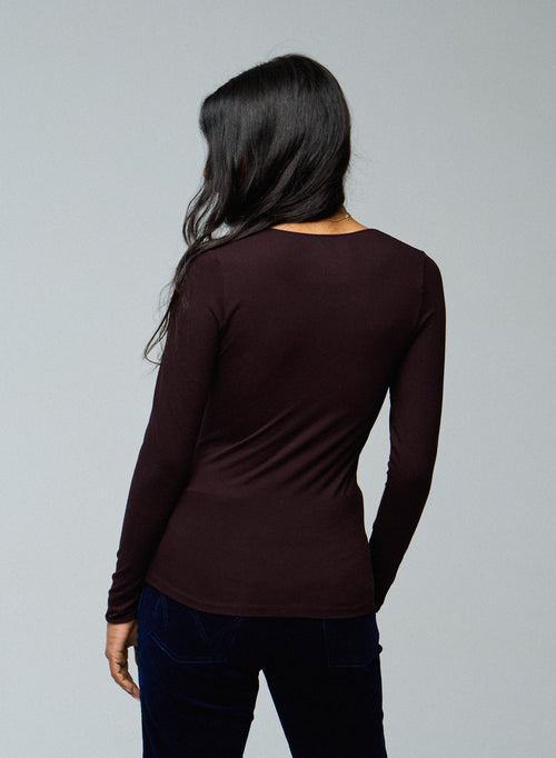 Aubergine V-Neck Long Sleeve Viscose / Elastane T-shirt - MAJESTIC FILATURES