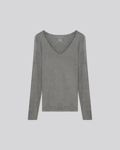T-shirt Gris Col V Manches Longues en Viscose / Elasthanne - MAJESTIC FILATURES