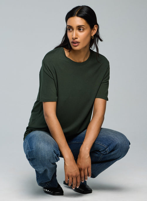 Green Round Neck Short Sleeves T-shirt in Viscose / Elastane  - MAJESTIC FILATURES