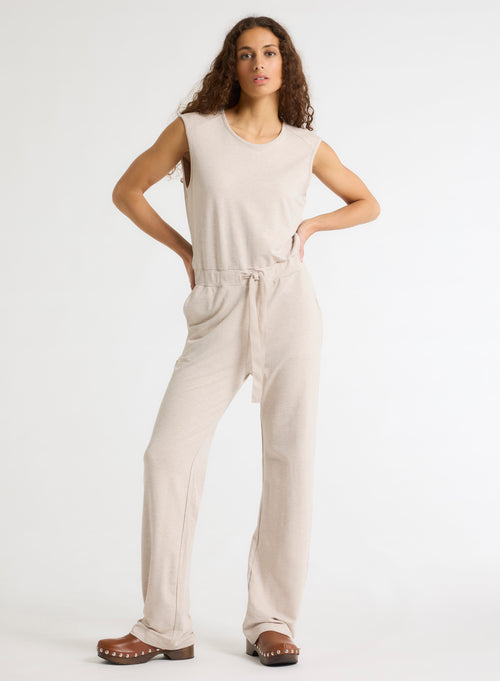 Beige Round Neck Sleeveless Jumpsuit - MAJESTIC FILATURES