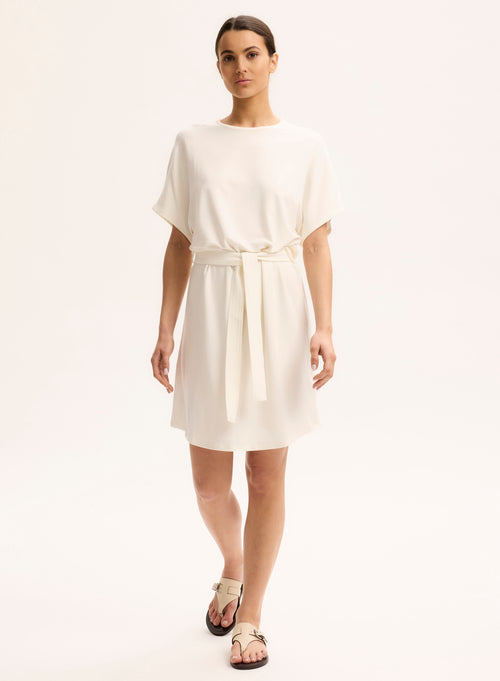 White Viscose Short Sleeve Round Neck Dress - MAJESTIC FILATURES