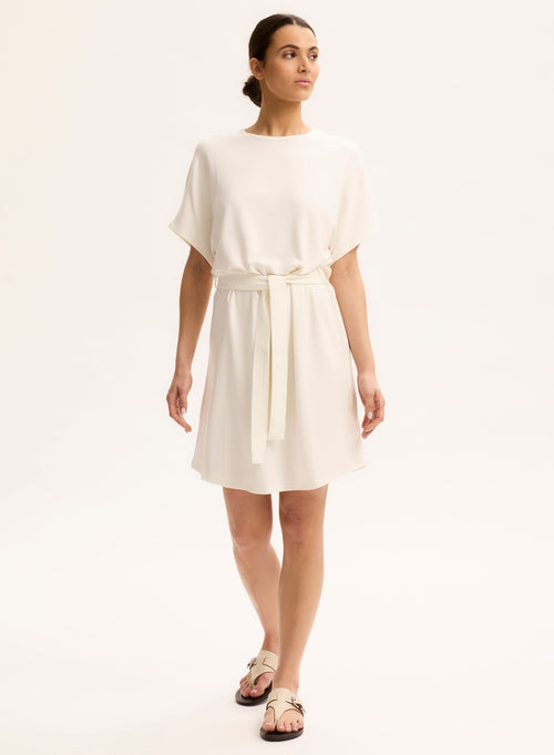 White Viscose Short Sleeve Round Neck Dress - MAJESTIC FILATURES