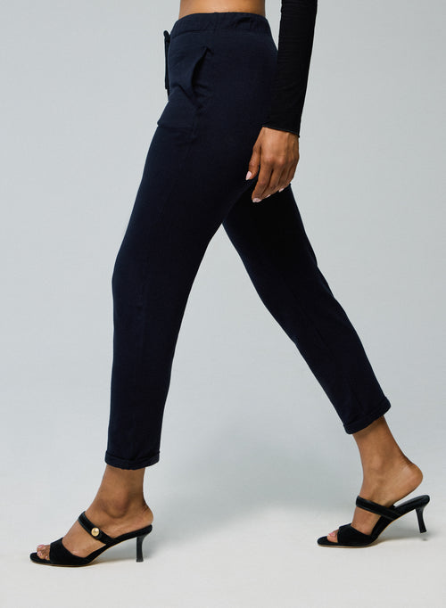 Navy Trousers with Viscose and Elastane Pockets - MAJESTIC FILATURES