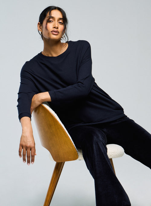 Navy Sweatshirt Round Neck Long Sleeves in Viscose / Elastane - MAJESTIC FILATURES