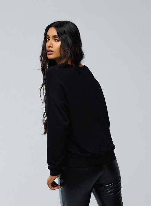 Sweat Noir Col V Manches Longues en Viscose / Elasthanne - MAJESTIC FILATURES