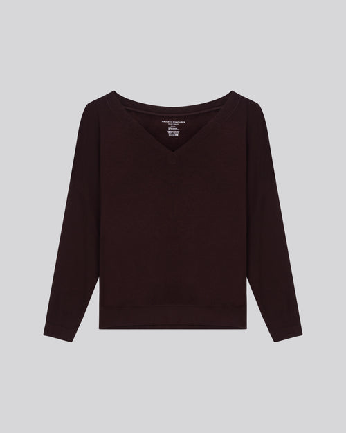 Sweat Aubergine Col V Manches Longues en Viscose / Elasthanne - MAJESTIC FILATURES