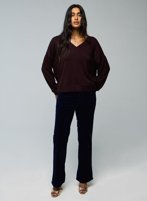 Sweat Aubergine Col V Manches Longues en Viscose / Elasthanne - MAJESTIC FILATURES