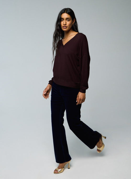 Sweat Aubergine Col V Manches Longues en Viscose / Elasthanne - MAJESTIC FILATURES