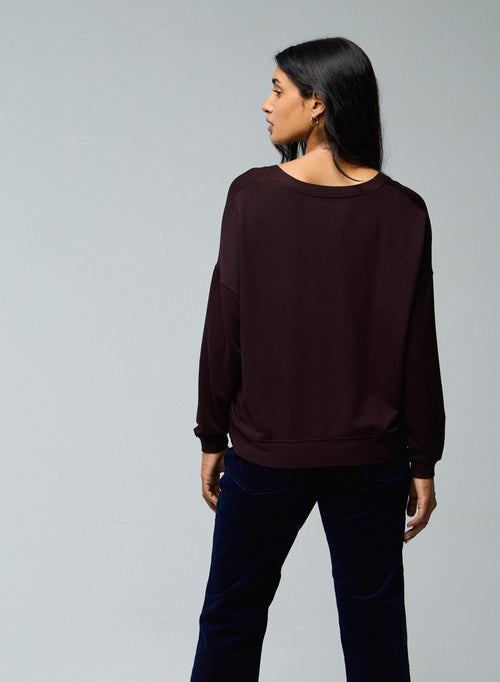 Sweat Aubergine Col V Manches Longues en Viscose / Elasthanne - MAJESTIC FILATURES