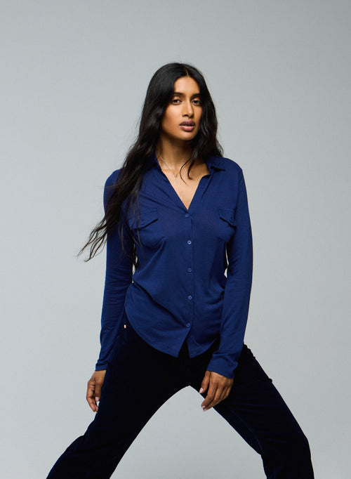 Chemise Bleu Chemise Manches Longues en Coton Organique / Cachemire - MAJESTIC FILATURES