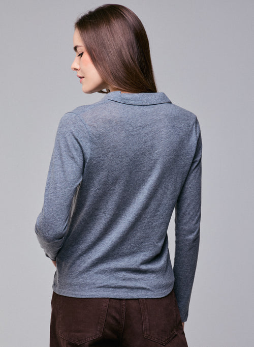 Polo Gris Polo Manches Longues en Coton / Cachemire - MAJESTIC FILATURES