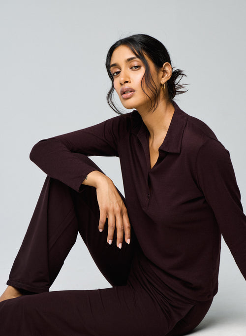 Aubergine long-sleeved polo shirt in cotton / cashmere - MAJESTIC FILATURES