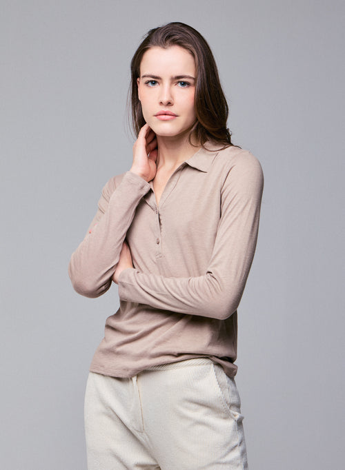 Polo Beige Polo Manches Longues en Coton / Cachemire - MAJESTIC FILATURES