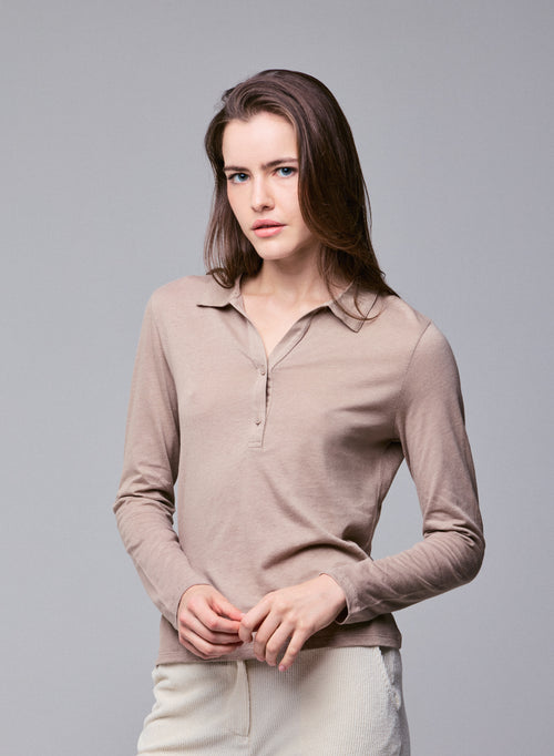 Polo Beige Polo Manches Longues en Coton / Cachemire - MAJESTIC FILATURES