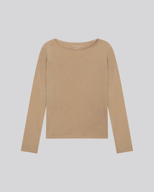 Beige T-Shirt mit langen Ärmeln U-Boot-Ausschnitt aus Bio-Baumwolle / Kaschmir - MAJESTIC FILATURES