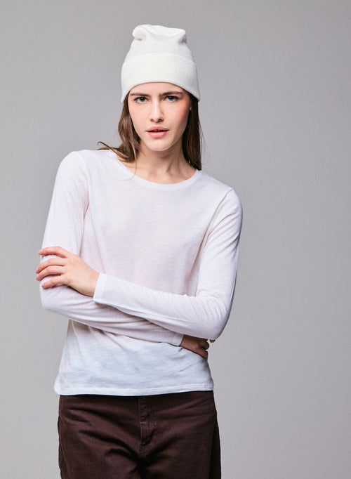 T-shirt Blanc Col Rond Manches Longues en Coton Organique et Cachemire - MAJESTIC FILATURES