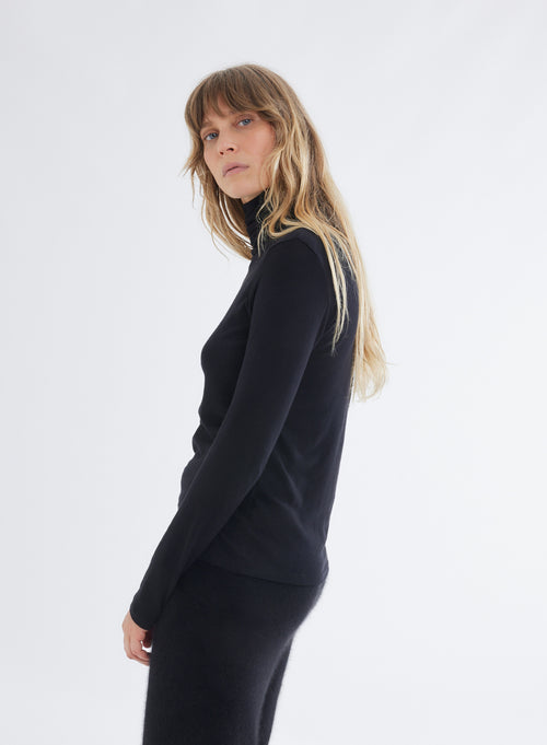 T-shirt Noir Col Roulé Manches Longues en Coton Organique et Cachemire - MAJESTIC FILATURES