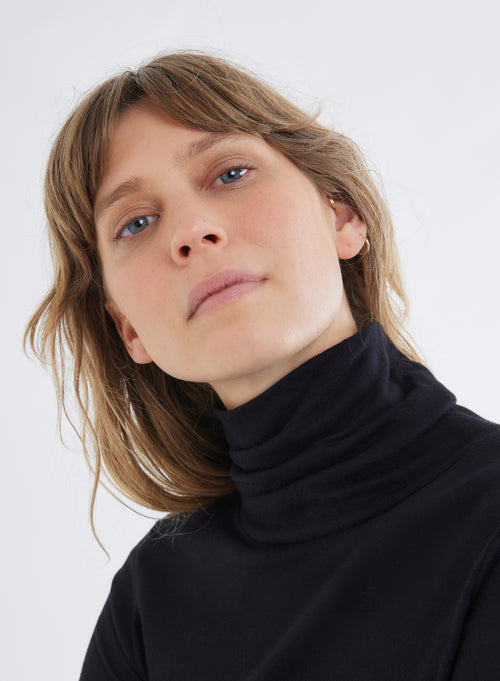 T-shirt Noir Col Roulé Manches Longues en Coton Organique et Cachemire - MAJESTIC FILATURES