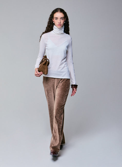 White Turtleneck Long Sleeves T-Shirt in Organic Cotton and Cashmere - MAJESTIC FILATURES
