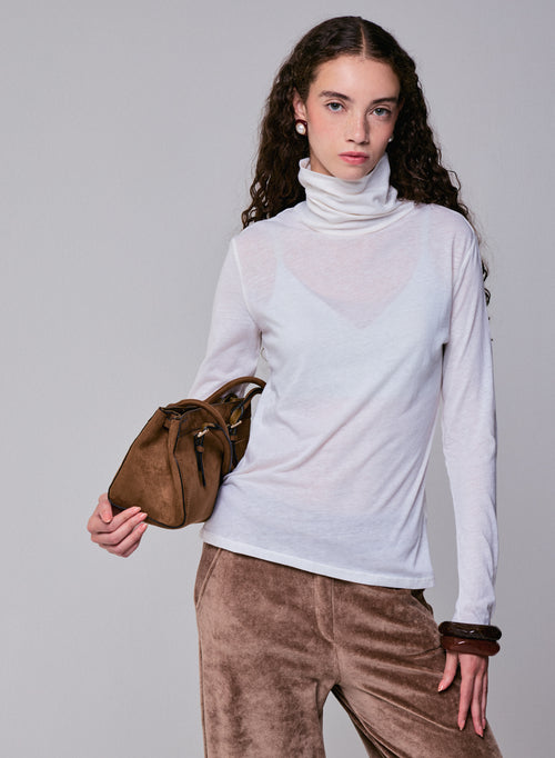 White Turtleneck Long Sleeves T-Shirt in Organic Cotton and Cashmere - MAJESTIC FILATURES