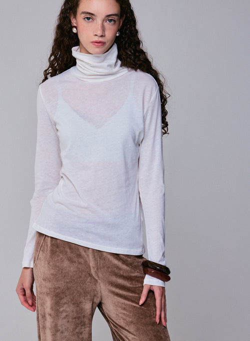 White Turtleneck Long Sleeves T-Shirt in Organic Cotton and Cashmere - MAJESTIC FILATURES