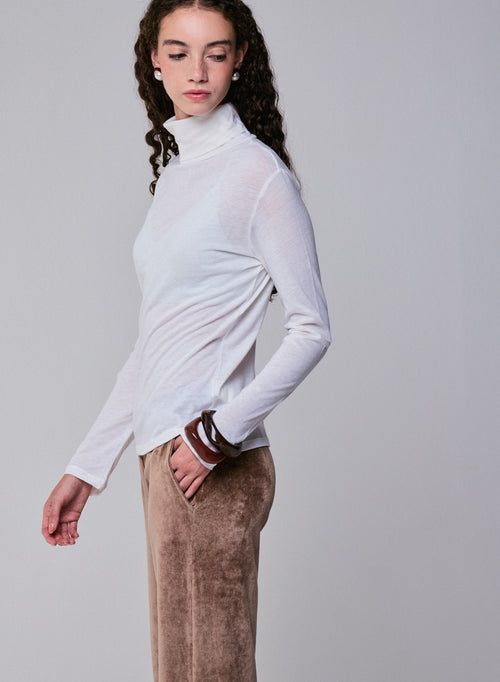 White Turtleneck Long Sleeves T-Shirt in Organic Cotton and Cashmere - MAJESTIC FILATURES