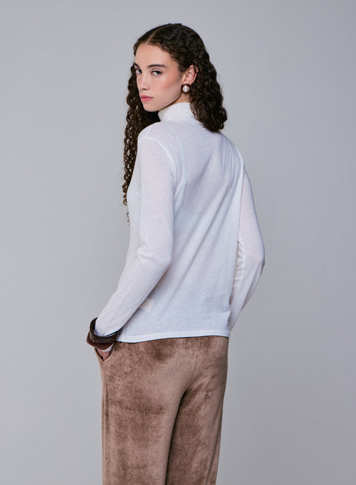 White Turtleneck Long Sleeves T-Shirt in Organic Cotton and Cashmere - MAJESTIC FILATURES