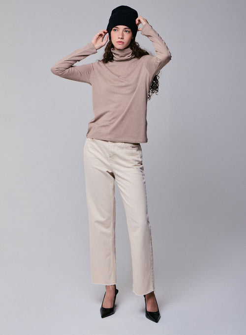 Beige Turtleneck Long Sleeves T-Shirt in Organic Cotton and Cashmere - MAJESTIC FILATURES