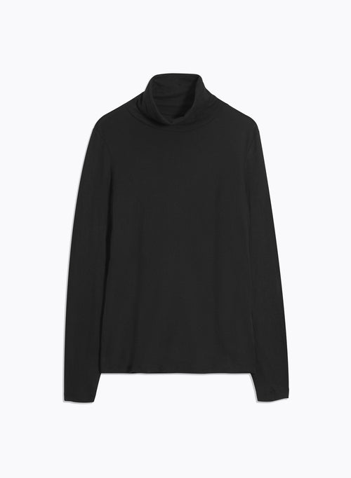 T-shirt Noir Col Roulé Manches Longues en Coton Organique et Cachemire - MAJESTIC FILATURES